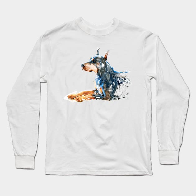 Watercolor Painting - Doberman Sitting Down Long Sleeve T-Shirt by Marian Voicu